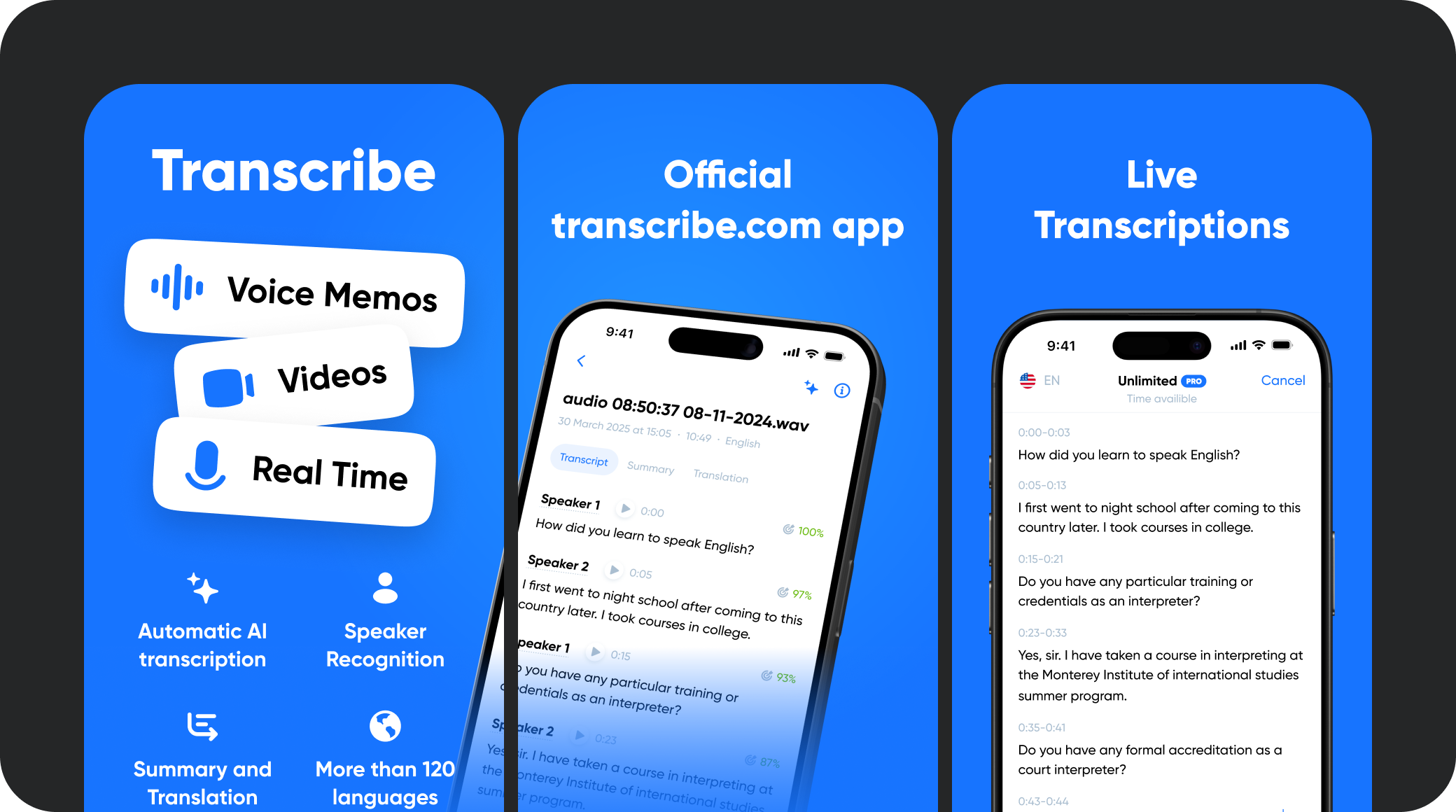 Обложка кейса Transcribe: скриншоты App Store с возможностями приложения и примерами транскрипции