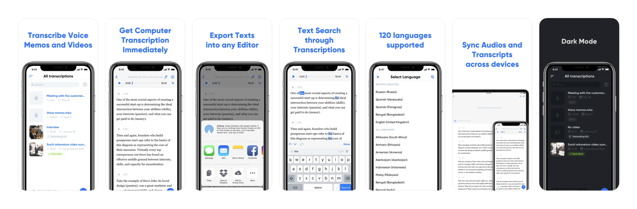 Исходная серия скриншотов Transcribe для App Store до тестов